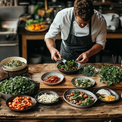 Canvas Print - Chef plating a variety of salads for a restaurant.