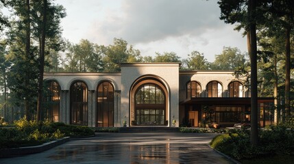 Majestic arch-based building exterior, rendered in 3D with a realistic outdoor background, blending modern elegance with nature