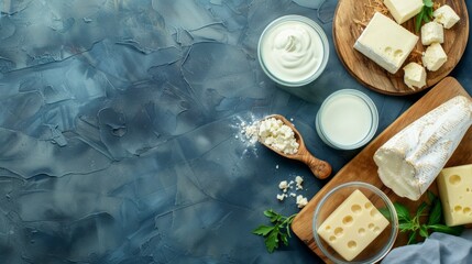 Poster - An assortment of dairy products displayed on a textured background. Creamy cheeses, fresh curds, and yogurt create a delightful scene. Perfect for culinary inspiration or food promotion. AI