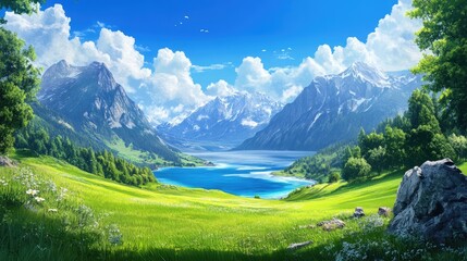 Majestic mountains and clear water sea, with lush green grasses under a bright sky, showcasing the beauty of nature in daylight