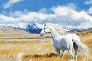 Majestic white horse in scenic mountain landscape