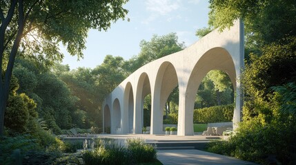 Poster - Sophisticated 3D outdoor architectural design with stunning arches, set against a realistic background of trees and clear skies