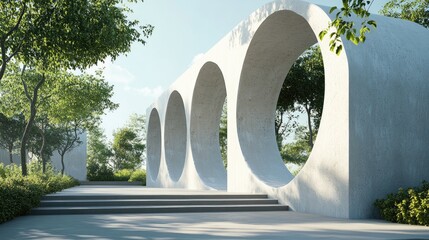 Poster - Sophisticated 3D outdoor architectural design with stunning arches, set against a realistic background of trees and clear skies