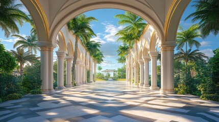 Stunning outdoor 3D architectural design with elegant arches, set against a realistic background of blue skies and lush greenery