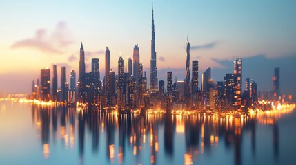 Poster - Cityscape at twilight with skyscrapers reflected in water.