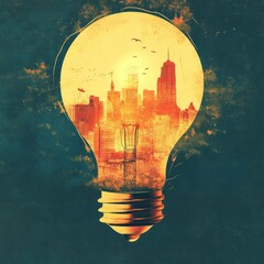 Wall Mural - Cityscape inside a glowing light bulb.