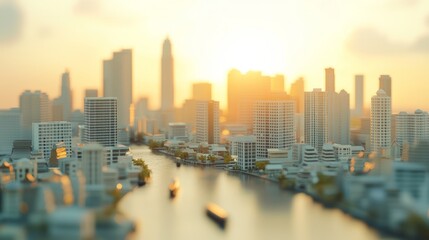 Canvas Print - Cityscape with river and sunset glow.