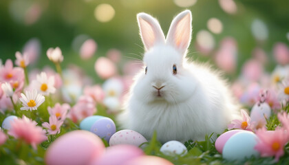 A soft, pastel-colored scene of a fluffy white rabbit sitting in a dreamy meadow of flowers