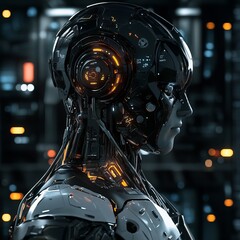 Poster - Close up of a robotic head with glowing orange lights, set against a futuristic, industrial background.