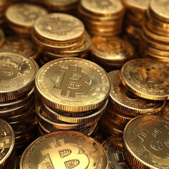 Wall Mural - Close up of a stack of golden Bitcoin cryptocurrency coins.