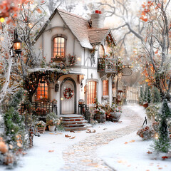 Charming cottage decorated for christmas, with snow falling and warm lights glowing in the windows