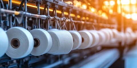 Textile industry - spools of yarn on spinning machine in a textile factory
