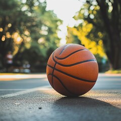 Close-up of a basketball on an asphalt court with green trees in the background.