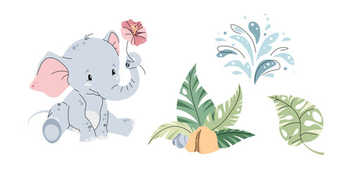 Set of African animals and plants on white background. Illustration of elephant, tropical plants in flat cartoon style. Safari collection. Vector clipart for clothes, fabric, greeting cards, stickers