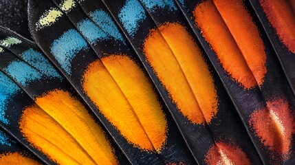 Sticker - Close-up of a butterfly wing with vibrant blue, orange, and black patterns.