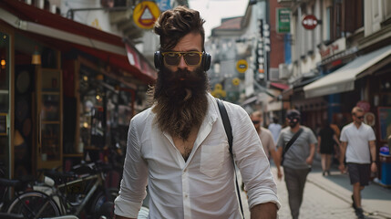 Wall Mural - A handsome man with long beard wearing white shirt and headphones walking in the street 