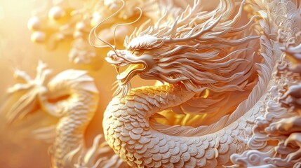 Canvas Print - Close-up of a detailed white dragon sculpture with golden light shining through.