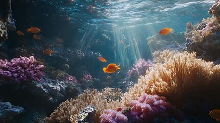 Wall Mural - Underwater Coral Reef with Sunbeams and Fish