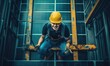 © Daniela - A cheerful worker in a yellow hard hat and safety gear, smiling while installing solar panels on a rooftop under the bright sun, showcasing renewable energy efforts