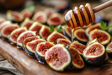 Canvas Print - Freshly sliced figs drizzled with honey on a wooden platter.