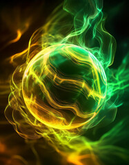 Wall Mural - abstract round magical energy sphere. glowing electric ball in neon green yellow clouds of smoke.