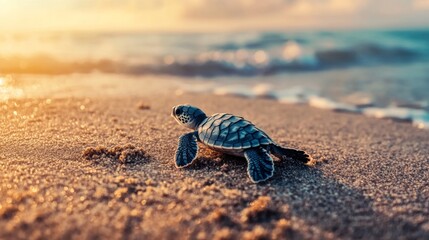 Poster - A baby sea turtle hatchling making its way to the ocean from a nest on the beach, symbolizing the beginning of its journey and the importance of marine conservation.