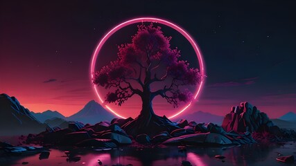 Wall Mural - Synthwave dystopian tree with rocks and neon circle Generative AI