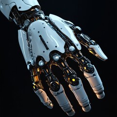 Poster - Close-up of a robotic hand with glowing joints, isolated on black.