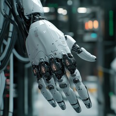 Poster - Closeup of a robotic hand with glowing lights, reaching out with an open palm.