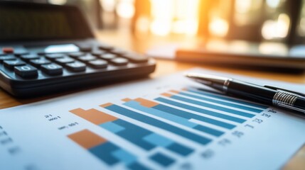 Leinwandbilder - A bar graph illustrating quarterly financial performance, printed on paper and placed on a desk with a calculator and pen, symbolizing financial planning.