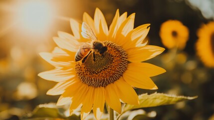 Aufkleber - A bee pollinating a sunflower in a garden, captured in close-up, symbolizing the importance of biodiversity and the natural ecosystem.