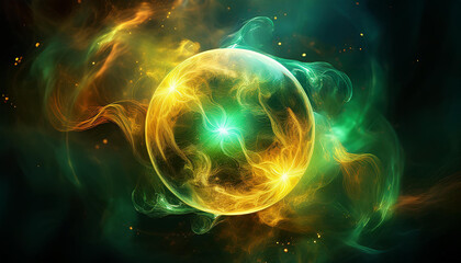 Wall Mural - abstract round magical energy sphere. glowing electric ball in neon green yellow clouds of smoke.