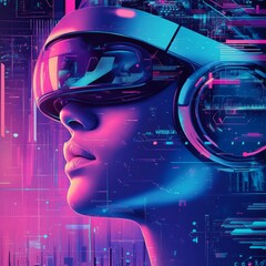 Sticker - Close-up of a woman in futuristic, neon-lit virtual reality headset, gazing into the digital world.