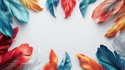 Wall Mural - Multicolored bird feathers on white background, empty space in the center