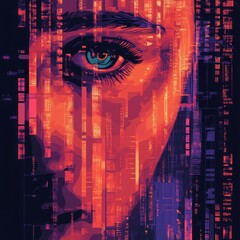 Wall Mural - Closeup of a woman's eye with digital glitch effect.