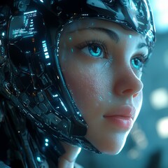 Wall Mural - Close-up of a woman's face with blue eyes in a futuristic helmet.