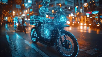 A futuristic motorcycle rider in neon digital style illuminating the city streets with vibrant technology at night