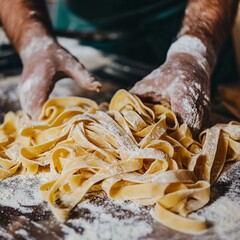 Wall Mural - Close-up of hands preparing homemade pasta.