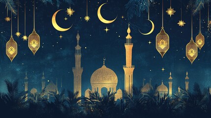 Islamic background, half moon, chand, mosque, lantern, greeting background with beautiful moon and sky