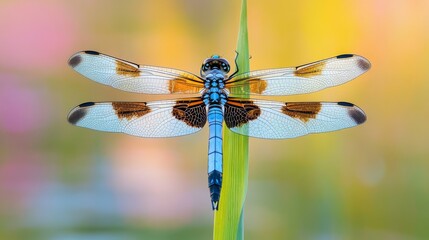 Poster - A close-up of a dragonfly perched on a reed, with its delicate wings and striking colors highlighted against a blurred background