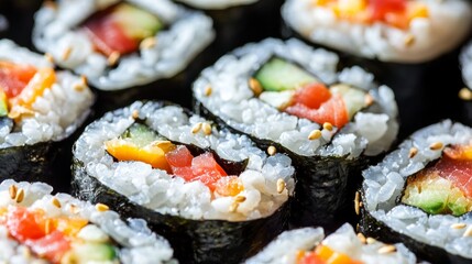 Canvas Print - Close-up of salmon and cucumber sushi rolls.