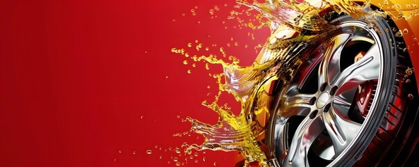 Car Wheel with Yellow Liquid Splash on Red Background