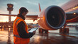 © teerisara - An airport worker wearing a reflective vest uses a tablet to inspect a parked airplane at sunset. The jet engine is visible