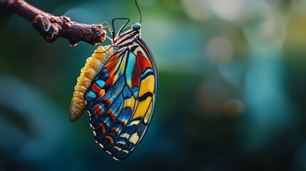 Sticker - Colorful butterfly emerging from chrysalis on a branch.