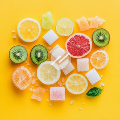 Wall Mural - Colorful fruits and sugar cubes on a yellow background.