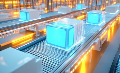 Futuristic Assembly Line with Bright Blue Cubes.