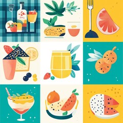 Sticker - Colorful illustration of summer fruits and drinks in a grid.