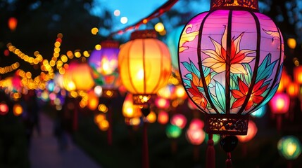 Sticker - Colorful lanterns with floral designs illuminate a dark pathway, creating a festive ambiance.