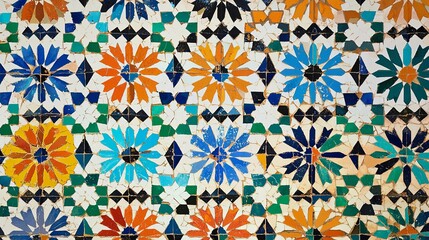 Sticker - Colorful mosaic tile pattern with floral designs in blue, orange, and green.