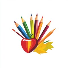 Canvas Print - Colorful pencils around a red apple with leaves on a white background.